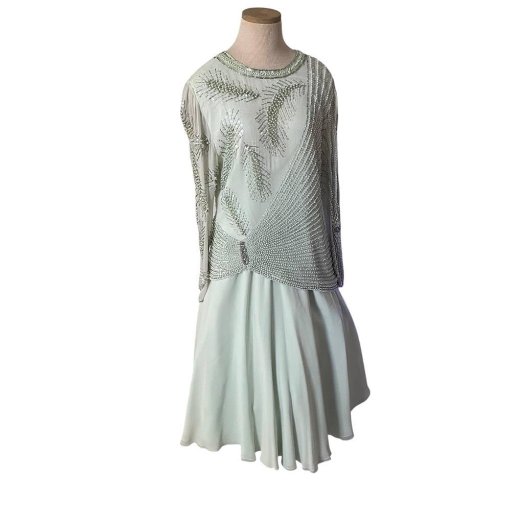 Oleg Cassini Vintage Hand Beaded Rhinestone & Pearl Mint Chiffon Set Size 10